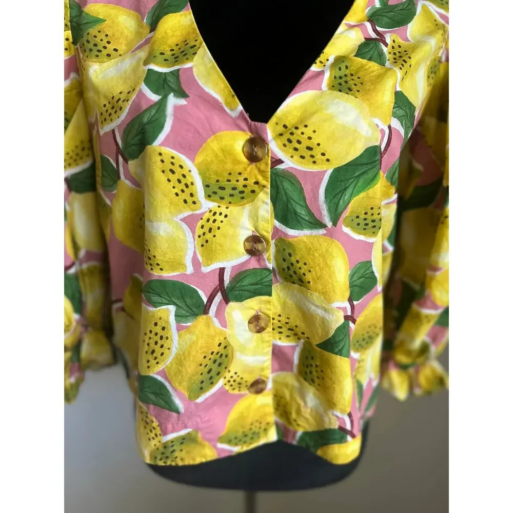 FARM RIO Fresh Lemons Puff Sleeve V Neck Button Front Blouse Size S